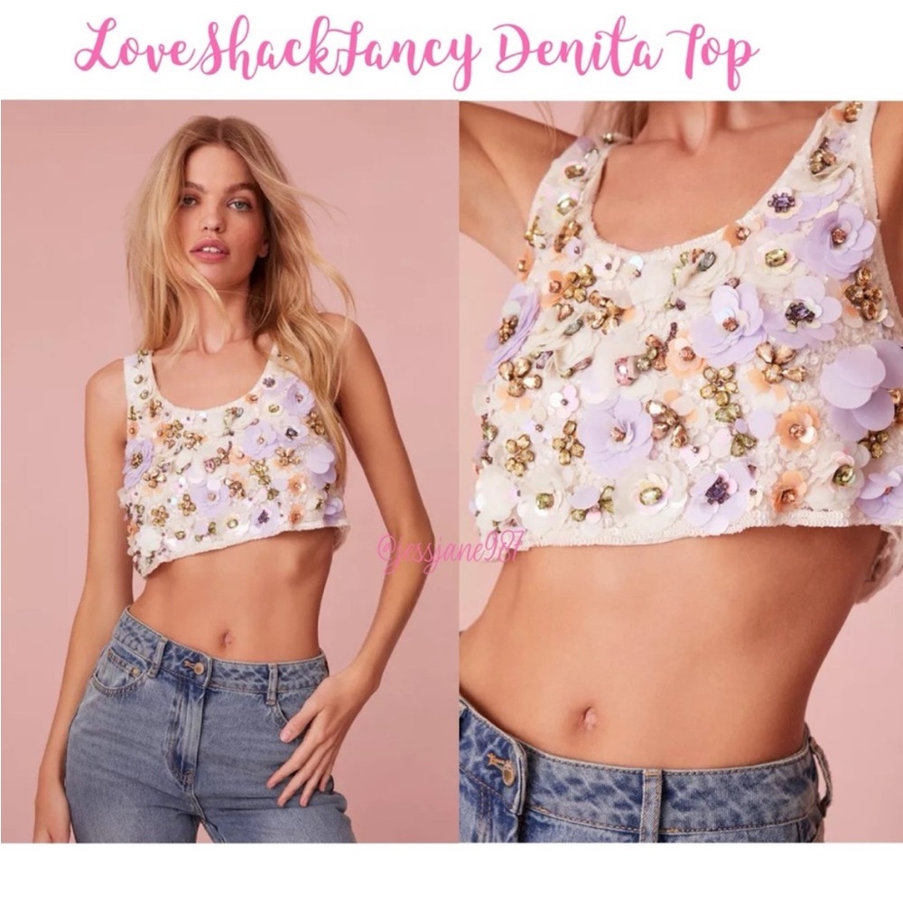 LoveShackFancy Denita Beaded Sequin Crop Top XS